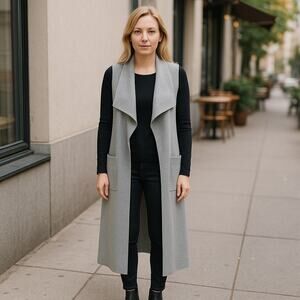 Cupcakes & Cashmere Gray Longline Sleeveless Cardigan Vest Waterfall Duster Belt